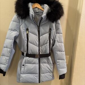 MICHAEL KORS Women's Plus Size Belted Faux-Fur-Trim Hooded Puffer Coat 1X Blue